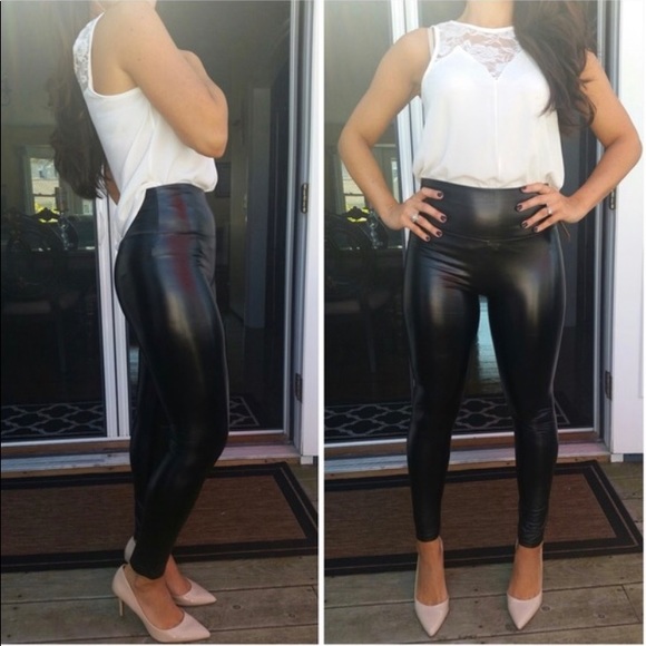 Black Faux Leather High Waist Leggings Fleece LINED Sexy NEW - Picture 2 of 4